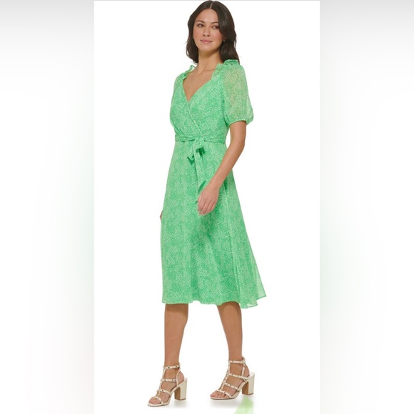 DKNY Puff Sleeved Ruffle Green Spotted White Midi Dress - Picture 1 of 7